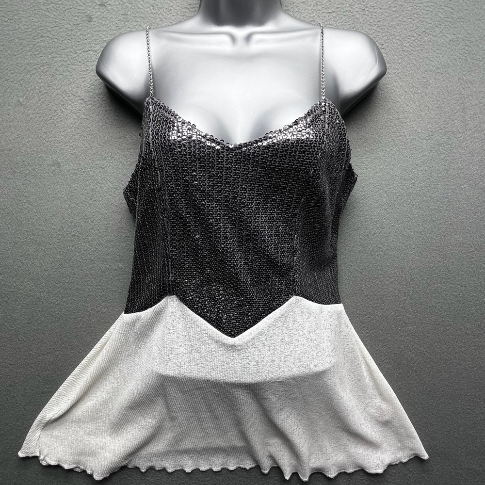 Gimmicks by BKE Women Sequin Peplum Cami Top Black White Large‎ GMKR12112 Glam